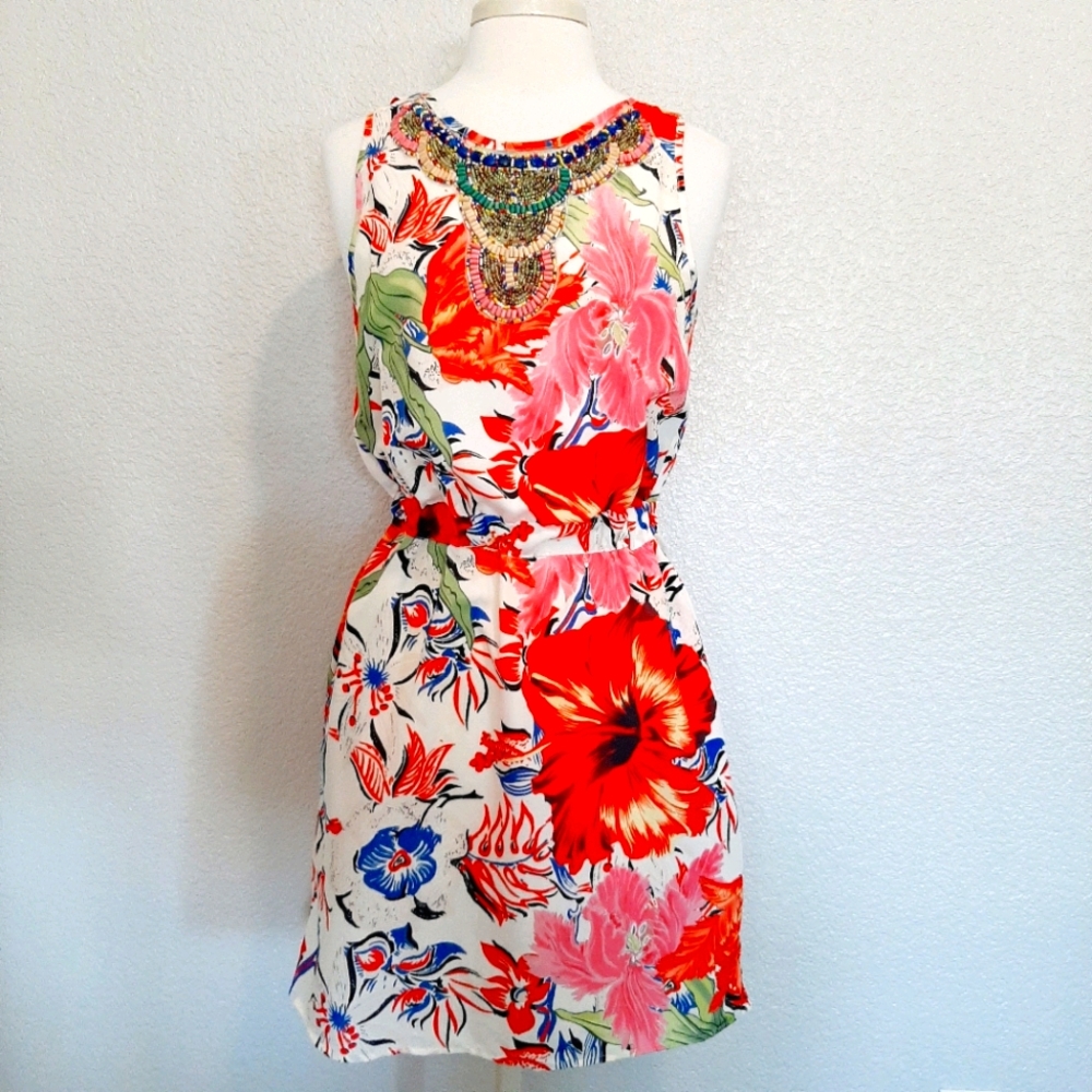 Desigual White w/Tropical Print Beaded Neck Dress
